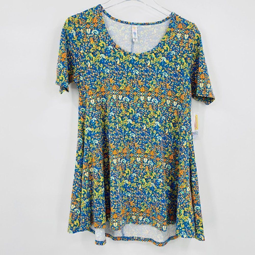 NWT Lularoe Size XS Short Sleeve Blue & Orange Patterned Perfect T Shirt Top